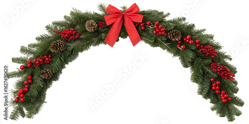 Festive christmas garland arch adorned with red berries pinecones and a bright red bow creating a welcoming entrance for the holiday season