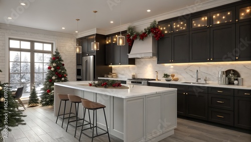 Contemporary Black and White Kitchen Decorated for the Holidays