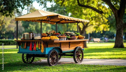 Vibrant food cart displaying variety of fresh fruits and vegetables sunny park setting, inviting visitors to enjoy healthy