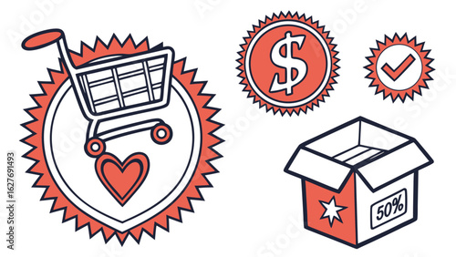 Illustration showing a shopping cart with a heart, dollar sign, check mark, and a fifty percent off box