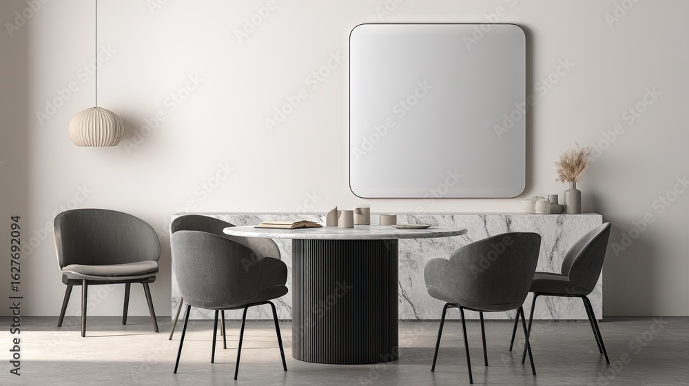 Fototapeta premium Contemporary dining area with a round table and upholstered chairs.