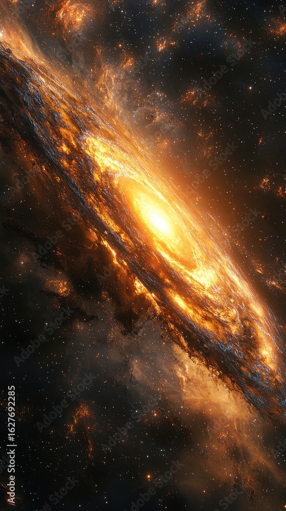 Fototapeta premium Abstract Cosmic Spiral Galaxy Glowing in Deep Space galaxy space cosmic glowing abstract spiral gold