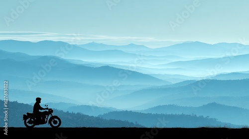 Dreamy silhouette motorcyclist in foggy landscape, Silhouette biker in teal landscape, teal nature with biker silhouette, dreamy teal scenery biker