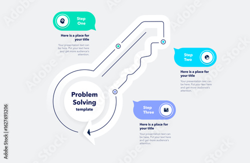 Problem solving process infographic template with three options or steps and a key as a main symbol. Simple flat diagram for project data visualization.