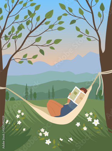 Girl with a magazine resting in a hammock. Mountain landscape in the background.
