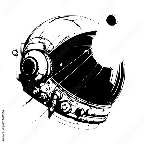 Detailed monochrome illustration of an astronaut helmet with a circular object nearby in space