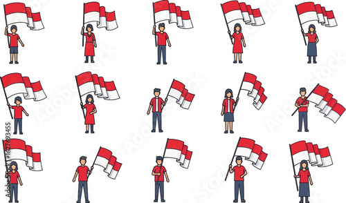 Cartoon figures holding Indonesian flags in various poses.