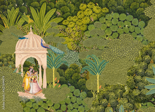 Bild auf Leinwand Illustration of Indian Rajasthani miniature art with, arch, peacock, plant and radha krishna, interior decor wallpaper