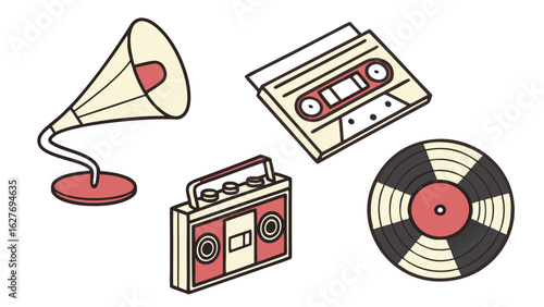Illustration featuring a gramophone, cassette tape, boombox, and vinyl record on a white background design