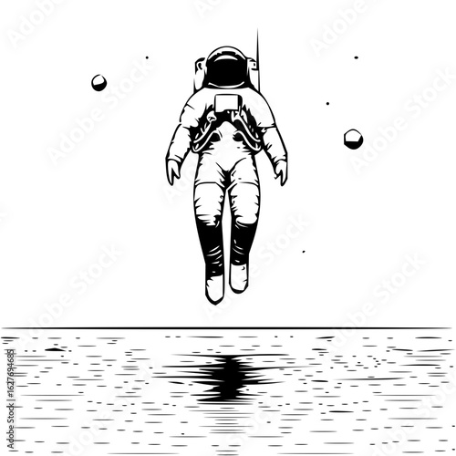 Astronaut floating above a water surface with planets in the background in black and white style image