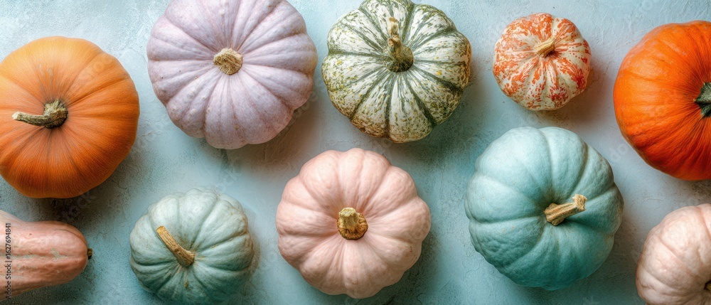 The colorful arrangement of various pumpkins on a rustic background. The colorful arrangement of various pumpkins on a rustic background.