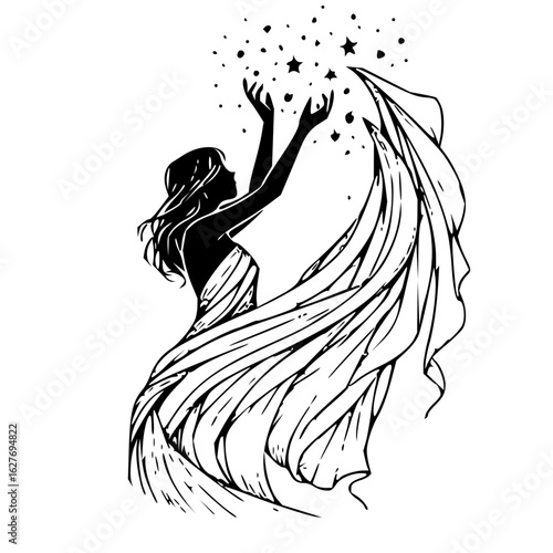 Silhouette of a woman in a flowing dress reaching up to a cluster of stars in a black and white drawing