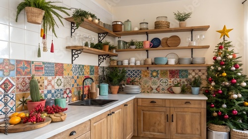 Boho Kitchen with Colorful Tiles and Fabric Tassel Christmas Tree