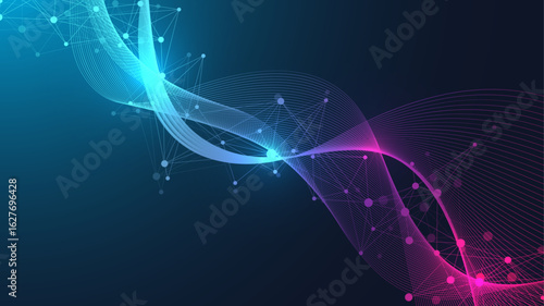 Colorful molecules background with DNA helix, DNA strand, DNA Test. Molecule or atom, neurons. Abstract structure for science, healthcare or medical background, banner. Scientific vector illustration