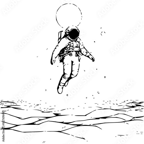 Illustration of astronaut floating above a cracked surface with a circle above their head in black and white