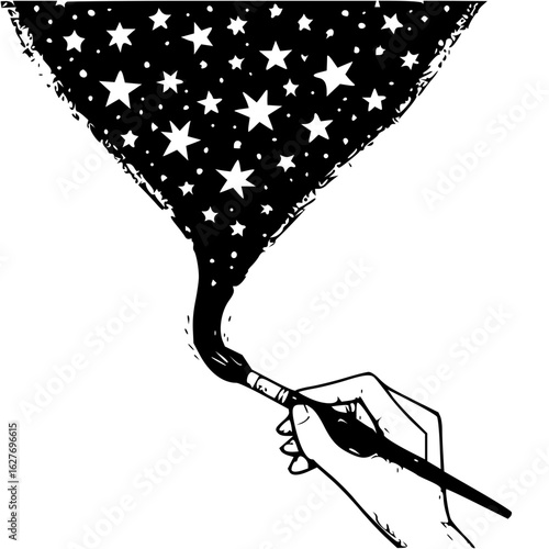 Hand holding paintbrush creating a starry night sky with black and white illustration style art
