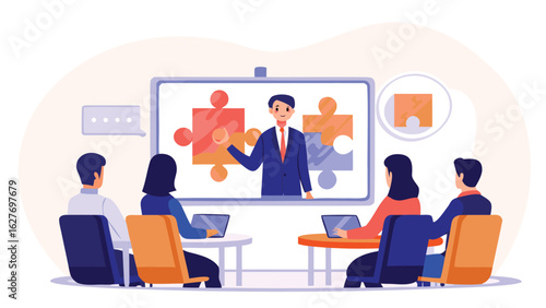 Illustration of a virtual meeting with a presenter and attendees viewing a screen with puzzle pieces shown