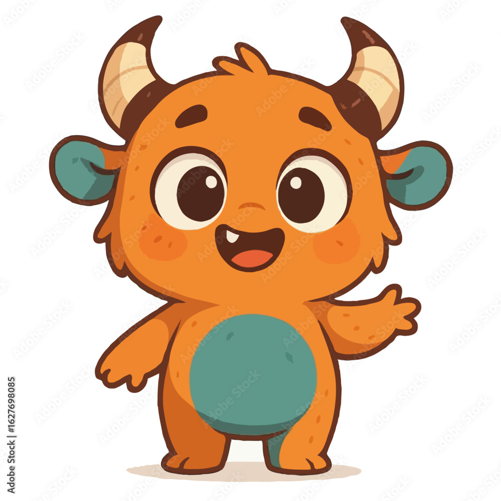Fototapeta premium cartoon monster with a small body, two curved horns on its head