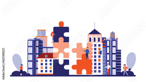 Illustration of people working together to connect puzzle pieces in a city landscape setting view