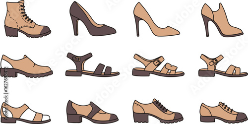 Illustrated Collection of Beige and Brown Footwear on White shoe boot