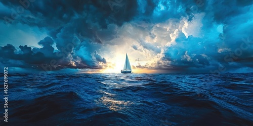 A serene sailboat glides through deep blue waters under a dramatic sky filled with swirling clouds, illuminated by a glowing sunset.