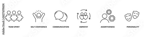 Soft Skills icon set with team spirit, self confidence, communication, empathy, assertiveness, and personality