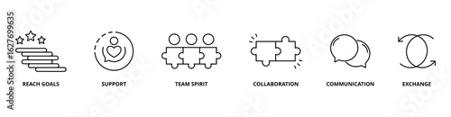 Working Together icon set with reach goals, support, team spirit, collaboration, communication, and exchange
