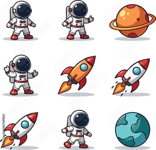 Vector cartoon illustration of funny animals playing ball with a cute space rocket character