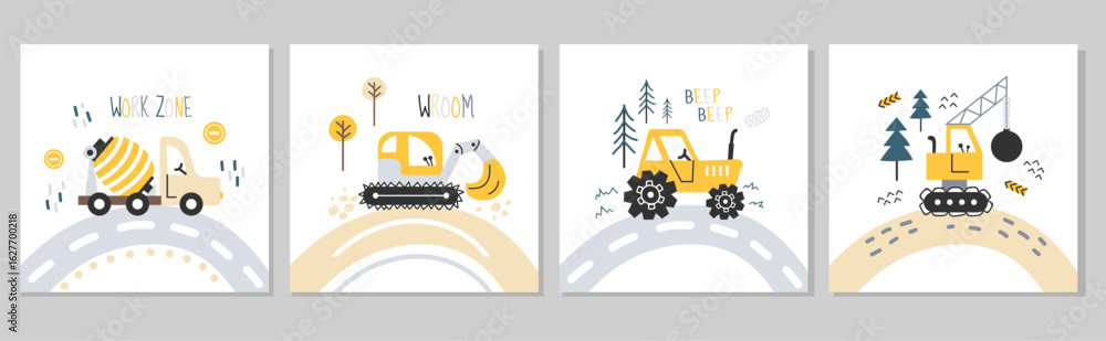 Fototapeta premium Set of construction vehicle cards for kids. Cute posters with tractor, excavator, bulldozer, and concrete mixer. Fun illustrations with heavy machinery on roads.