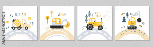Set of construction vehicle cards for kids. Cute posters with tractor, excavator, bulldozer, and concrete mixer. Fun illustrations with heavy machinery on roads.