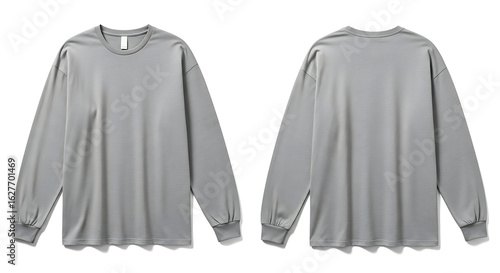 Grey long sleeve t-shirt front and back view blank apparel mockup template.