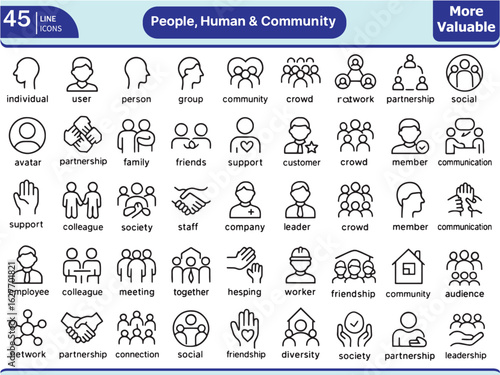 Collection of Outline Icons Representing Human Connections and Community.
