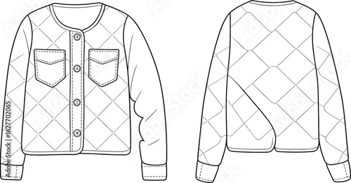 Quilted button-up jacket, fashion flat sketch, technical drawing, front and back view, pocket detail, round neck, women outerwear design