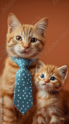 Two orange cats, one is a dad with a tie around his neck, the other is still a kitten, solid color background, commercial photography, extremely clear and high quality