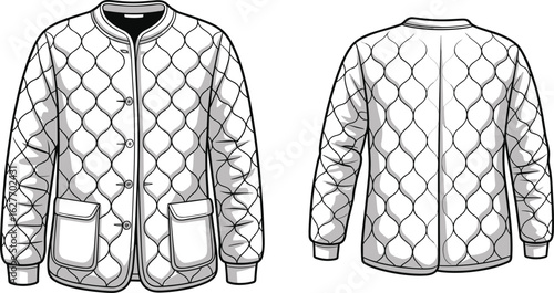 Quilted jacket fashion flat sketch, casual padded outerwear with pockets, button closure, long sleeves, warm winter clothing, technical illustration