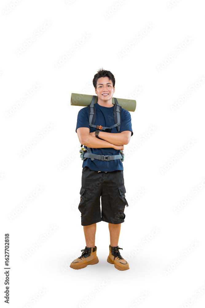 A young man, equipped with a backpack and sleeping roll, stands ready for adventure on png background A young man, equipped with a backpack and sleeping roll, stands ready for adventure on png background