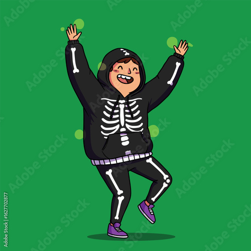 Happy cartoon boy in skeleton costume with purple shoes, raising arms in green glow.