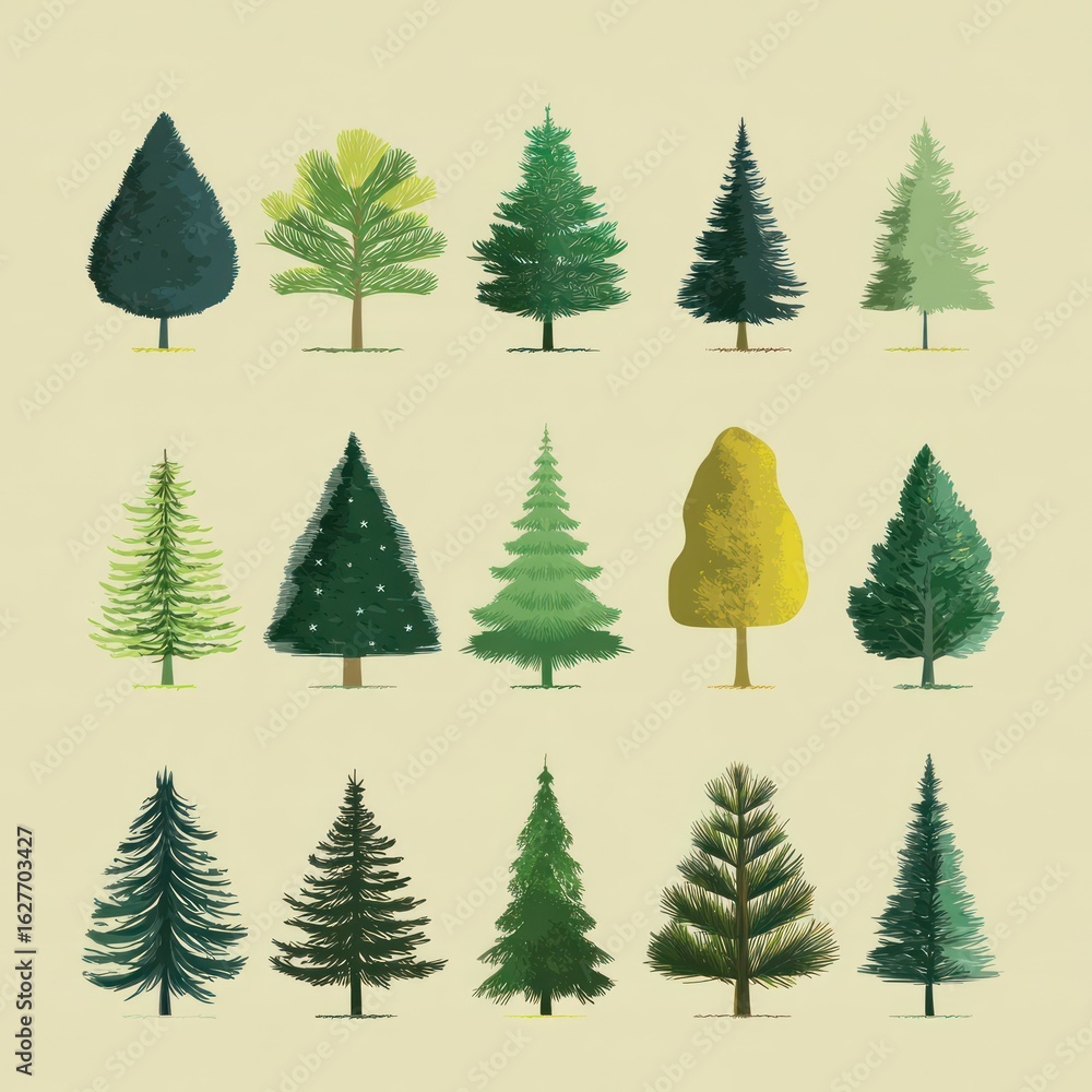 Fototapeta premium Various Hand-Drawn Trees on Neutral Background for Nature Design