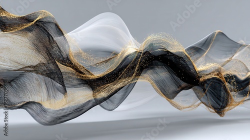Abstract wavy lines in black, white, and gold sparkle against a grey background. This eye-catching image is great for backgrounds, presentations, and web design.