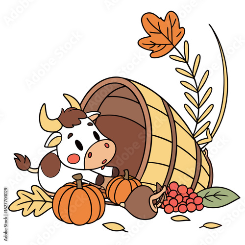 Charming SVG of a Bashful Cow featuring with a giant leaf, styled in a Thanksgiving theme with Harvest Blessings hues