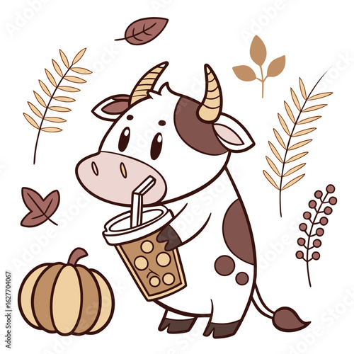 Cute Loving Cow, accessorized with with a bubble tea, in a Thanksgiving world – Harvest Blessings palette vector