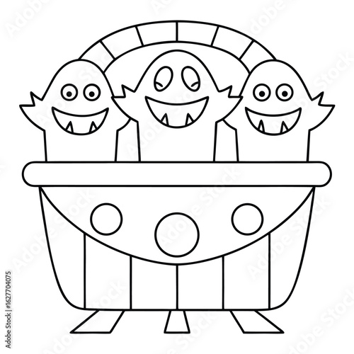 Three Happy Cartoon Ghosts in a Spooky Halloween Basket with Sharp Teeth Keywords: halloween, ghost, spooky, basket, haunted, monster, creature, cartoon, character, cute