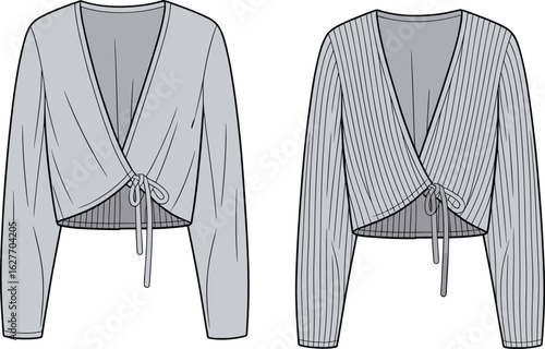 Stylish women's wrap crop top, long sleeve blouse, tie front detail, technical fashion flat sketch, ribbed knitwear design, vector mockup