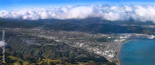 Wallpaper Mural Lower Hutt, Wellington, New Zealand. Panoramic aerial view. Hutt River flows out to sea above Petone Beach at far right. Wainuiomata over the hill at top right. Torontodigital.ca