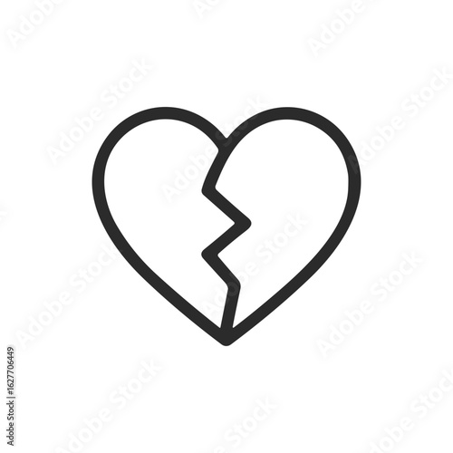 Black line icon of a cracked heart — symbolizing emotional pain, heartbreak, lost love, or romantic disappointment.
