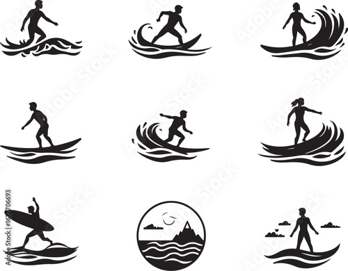 Dynamic surfers ride waves, capturing thrilling ocean sport action and adventure