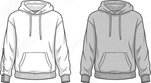 Unisex hoodie template, front view fashion sketch, drawstring hood, kangaroo pocket, casual pullover, technical flat, vector apparel illustration