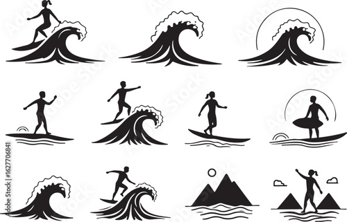 Dynamic surfers ride crashing waves, capturing thrilling ocean adventure and freedom.