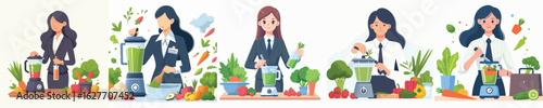 Vector character of a flight attendant blending vegetables