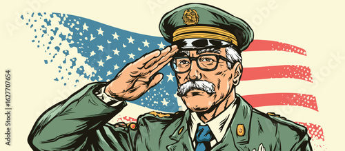 Veteran Saluting in Front of American Flag, Patriotic Vector Illustration